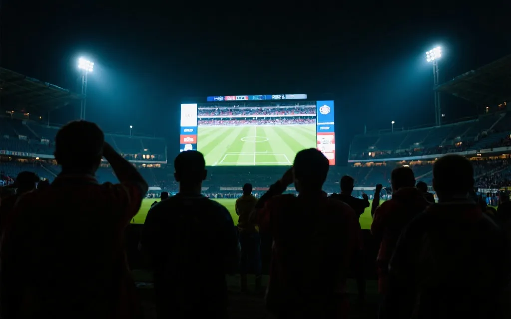 球场外巨型屏幕观赛的人群剪影，紧张与期待，夜色与灯光